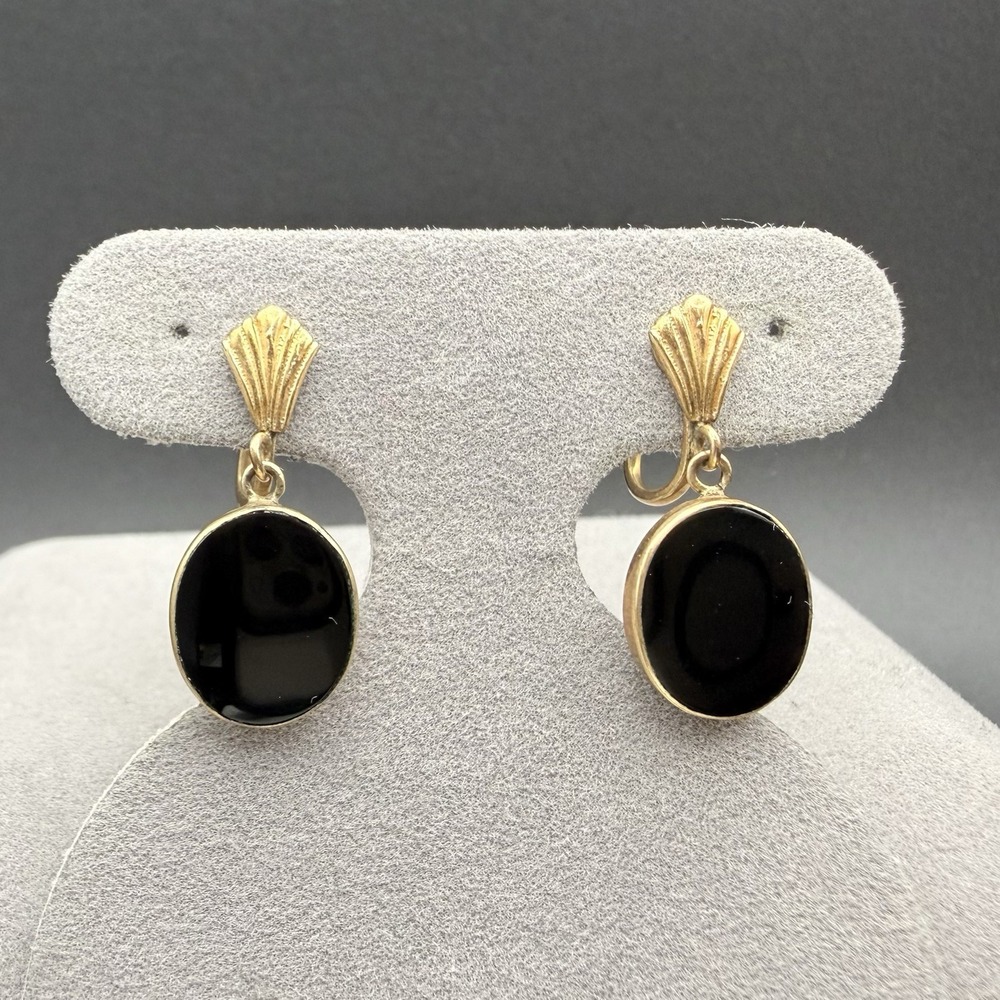 Vintage Whiting & Davis 12k GF Black Onyx Dangle Screwback Earrings Mid Century